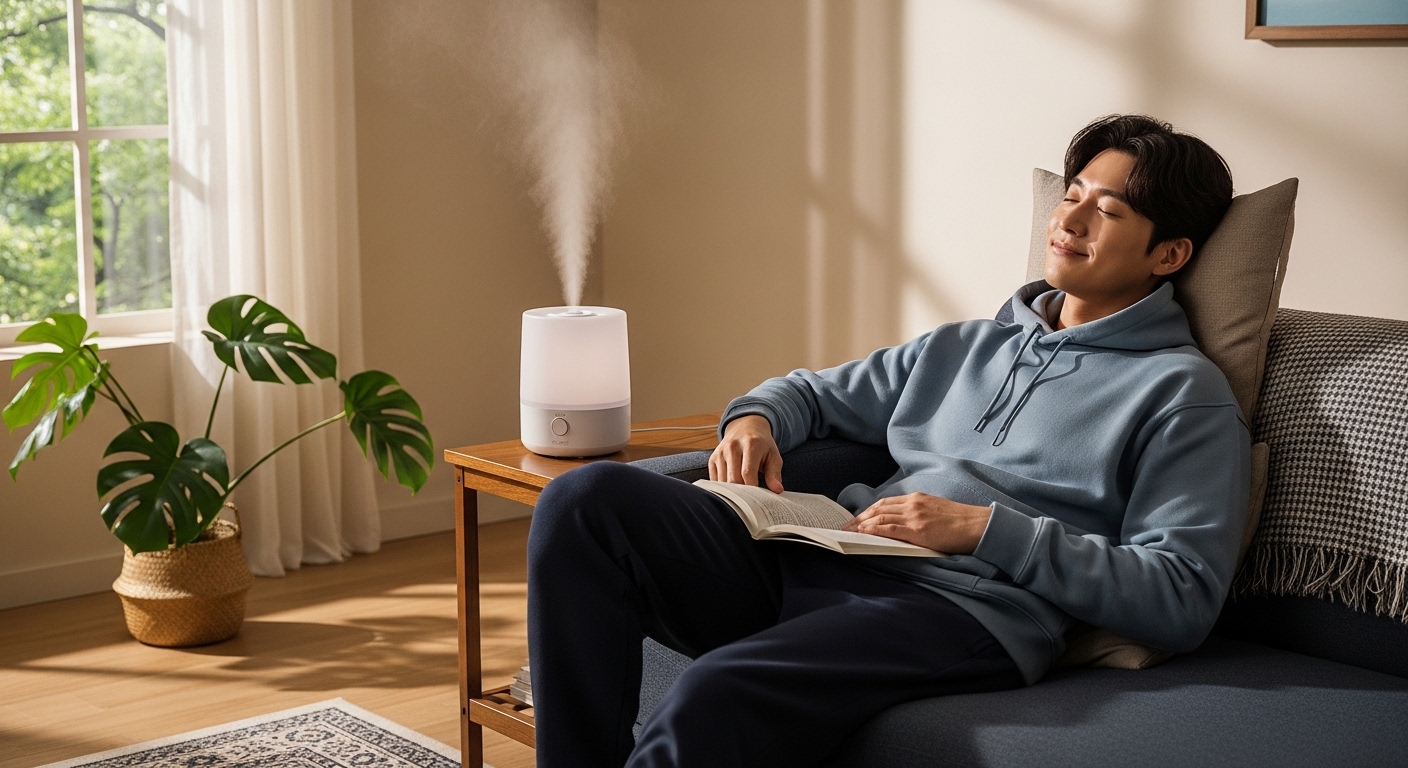 적정 실내 습도 유지를 위해 침실에서 가습기를 사용하는 모습