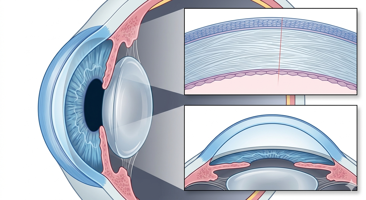 각막의 평균 두께(520~550㎛)를 종이 두께와 비교하여 설명하는 인포그래픽 이미지