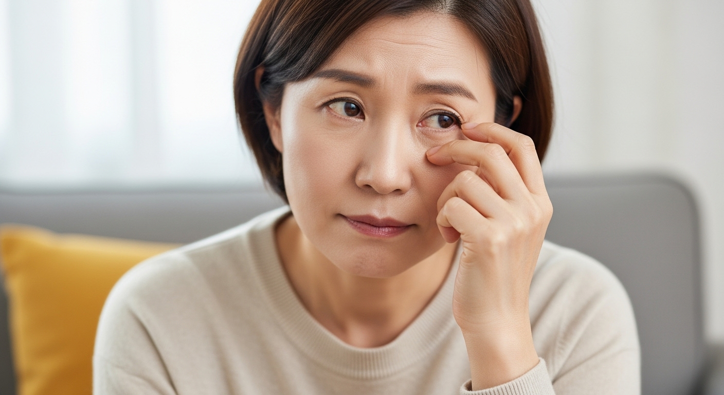 휴대폰을 멀리 들고 작은 글씨를 읽으려 노력하는 중장년층의 모습