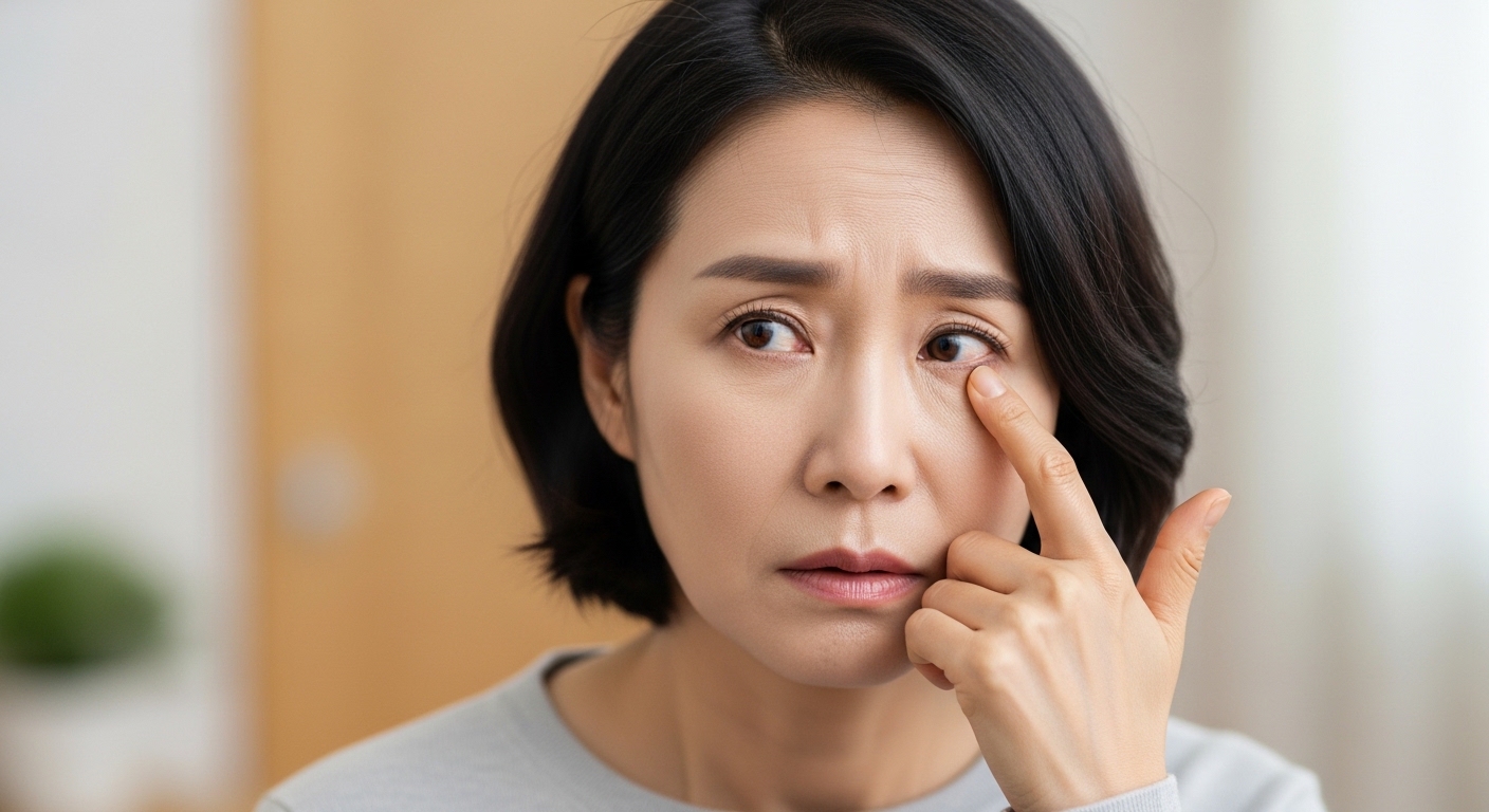 눈 시림 증상에 대해 가족과 상담하거나 안과 방문을 고민하는 일상적인 모습