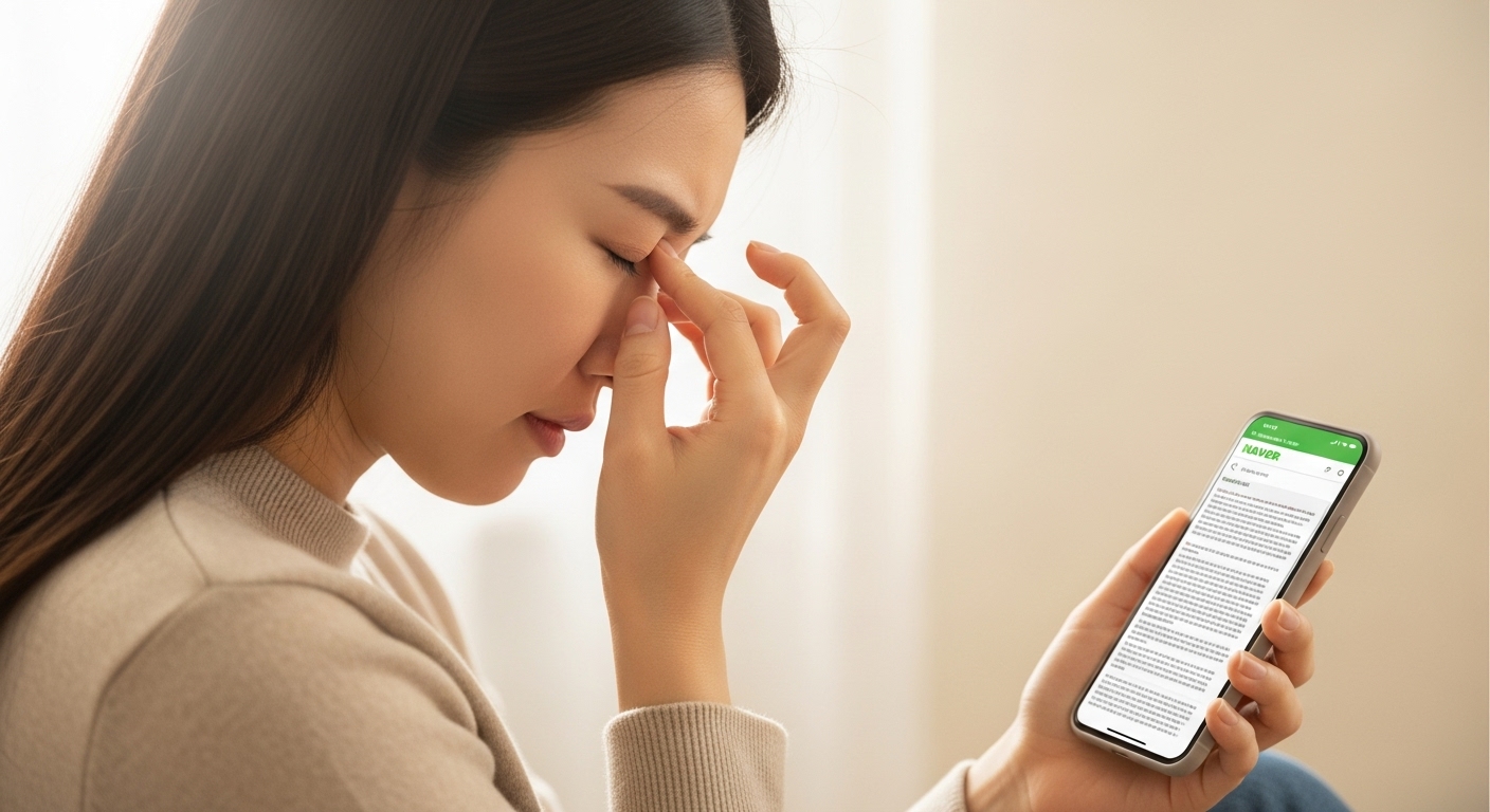 전자기기 사용 중 눈 침침함과 피로를 느끼는 20대 백내장 위험군 모습