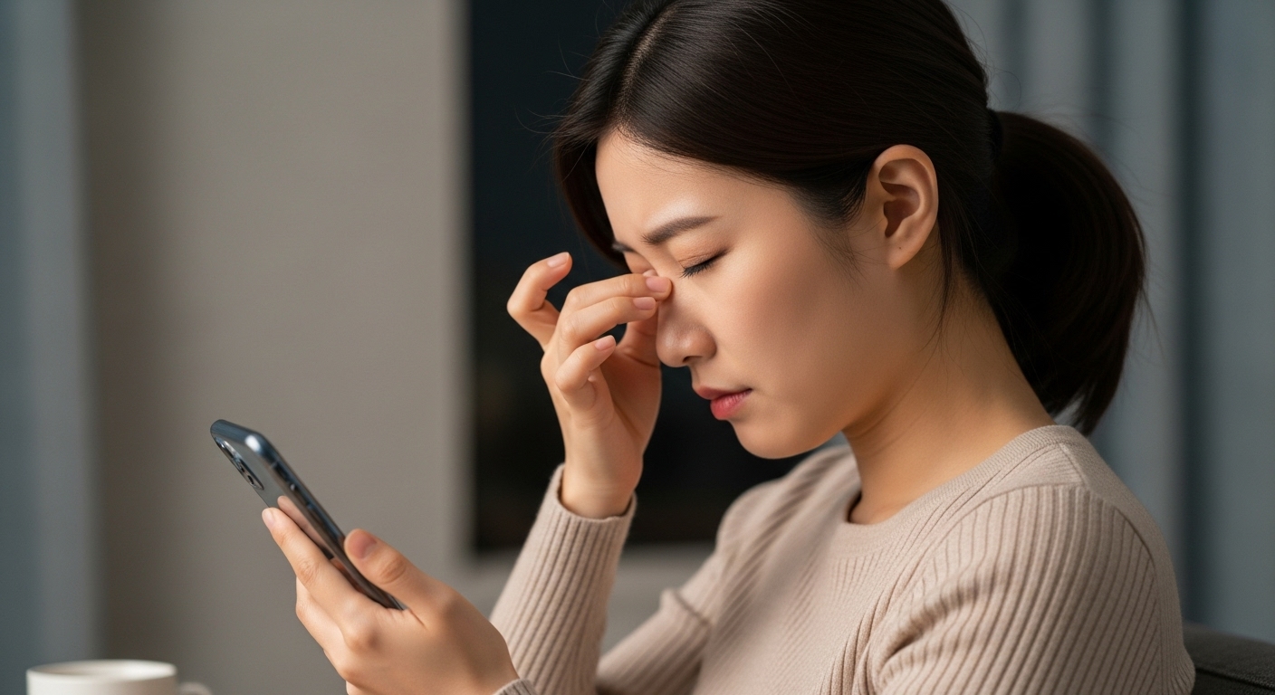 스마트폰 화면의 작은 글씨가 흐릿하게 보여 불편을 겪는 초기 노안
