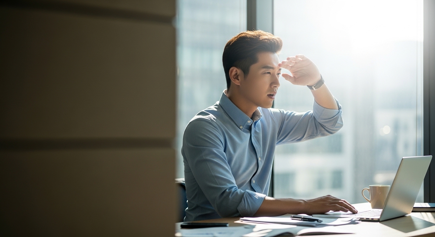 모니터를 보며 눈의 피로를 느끼는 30대 직장인의 모습