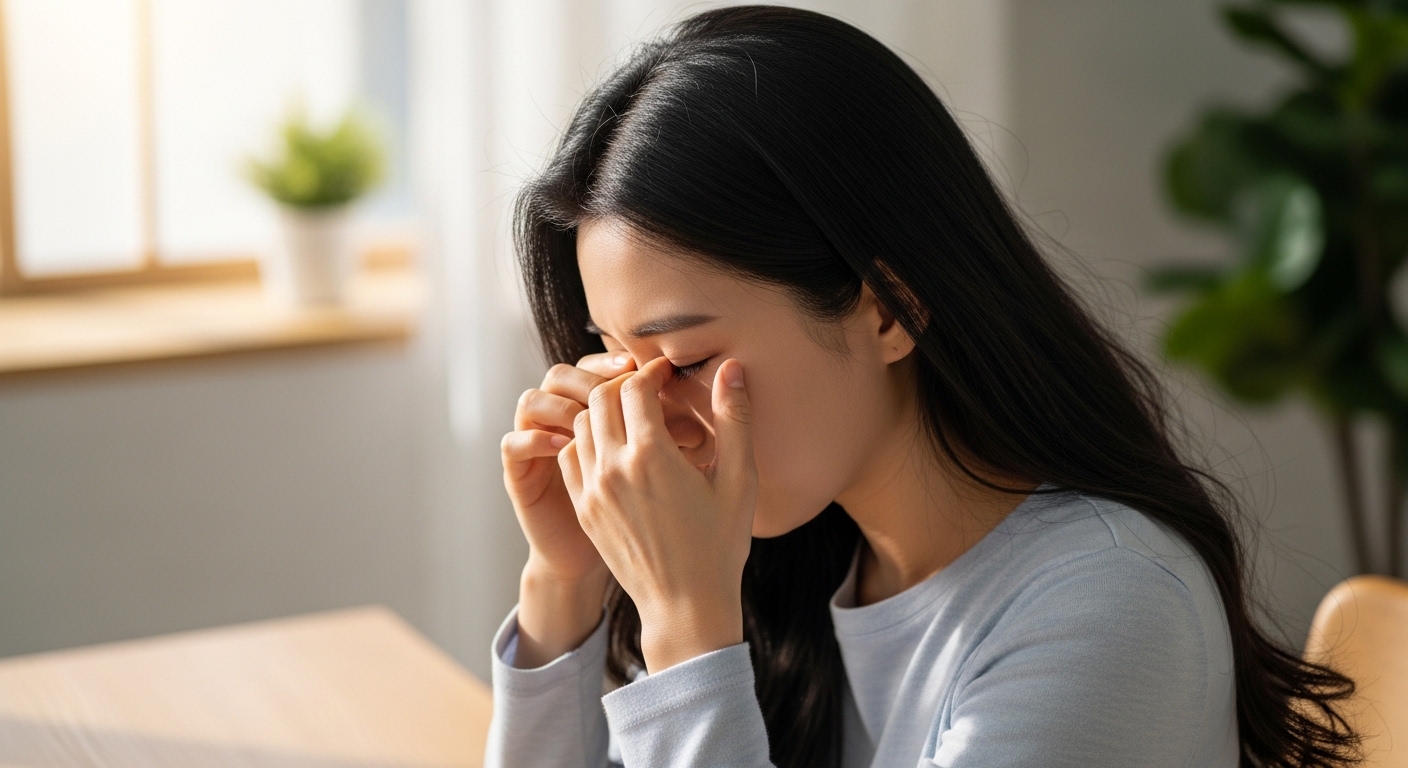아침에 일어난 직후 눈을 비비는 습관의 위험성을 경고하는 이미지