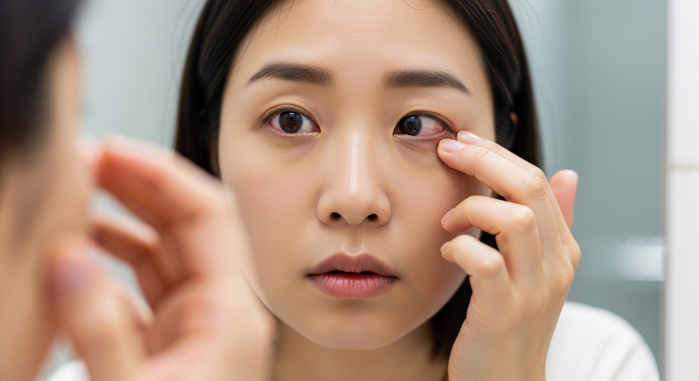 눈꺼풀이 붓고 빨개져 다래끼 수술을 걱정하는 30대 환자의 눈