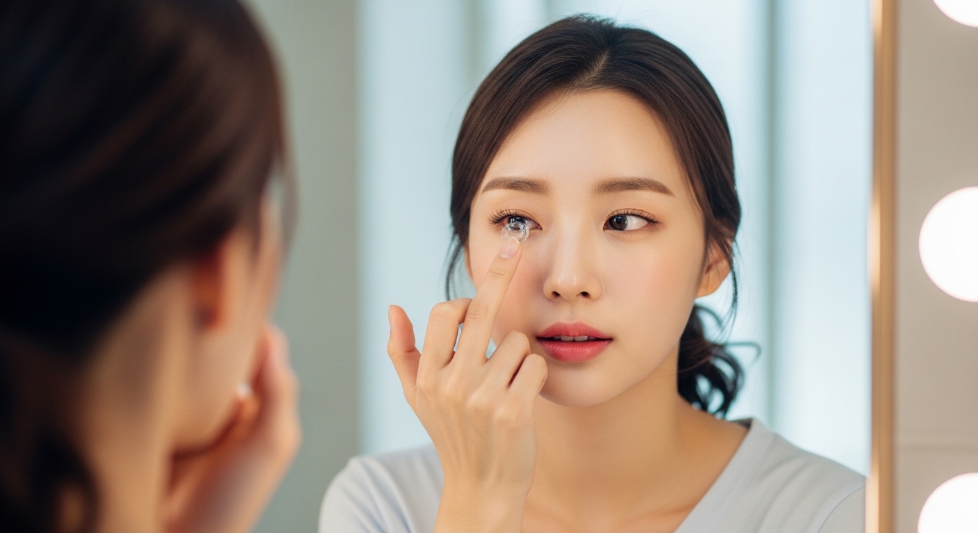 시력교정술 후 컬러렌즈 및 미용렌즈 착용 가능 여부를 고민하는 환자의 모습 이미지