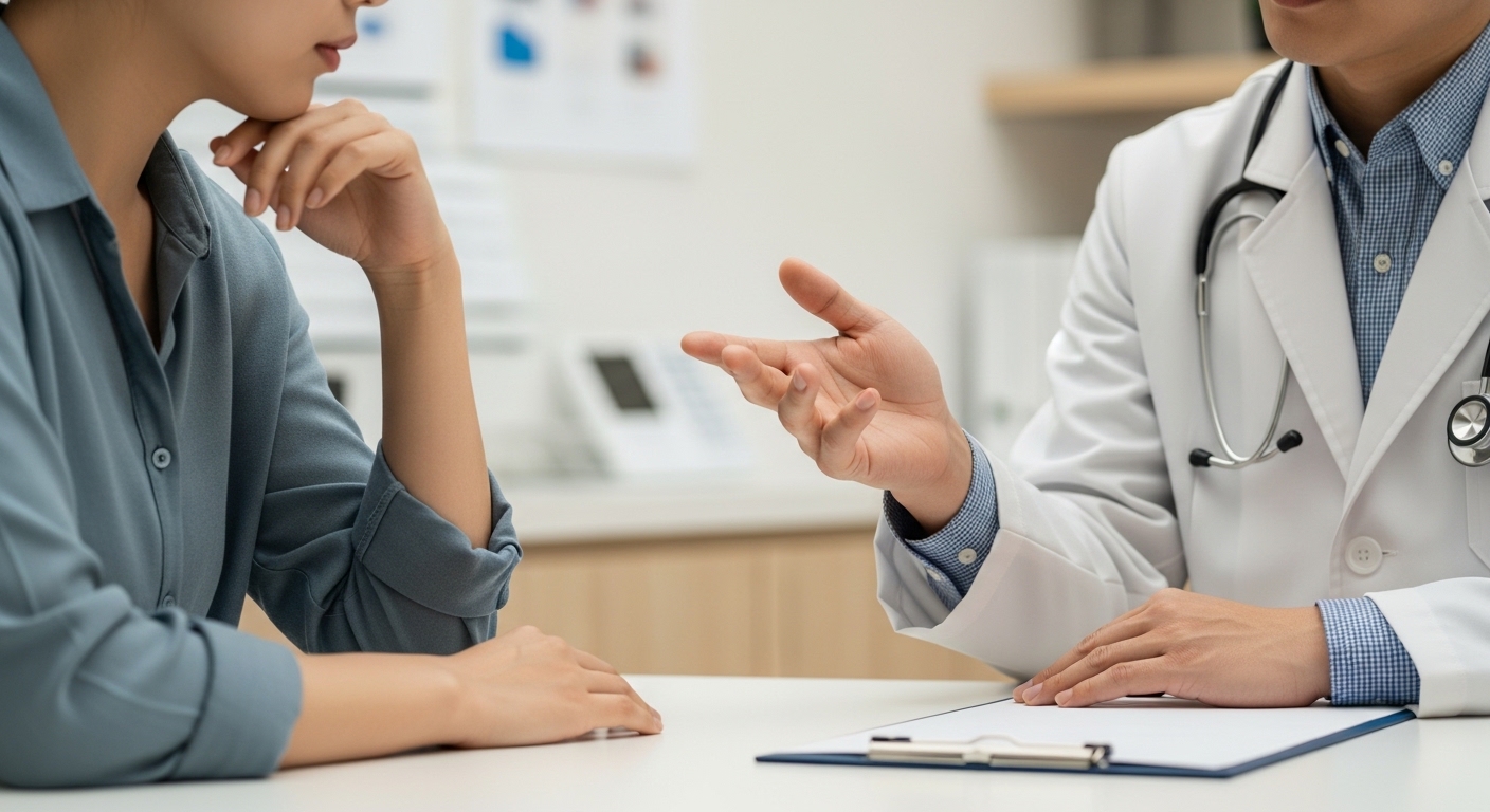 스마일프로 수술 후 시야가 흐릿해져 걱정하는 환자에게 눈의 회복 과정을 설명하며 안심시키는 BGN밝은눈안과 잠실점 검안사