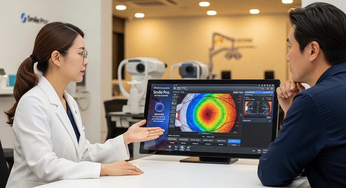 스마일프로 부작용과 빛 번짐에 대해 검안사와 상담하며 걱정하는 환자의 모습