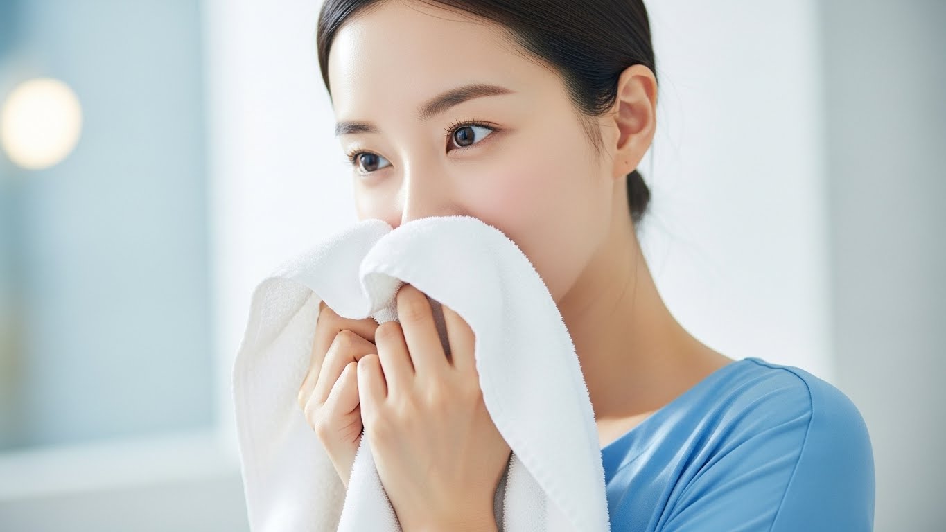 잠들기 전 따뜻한 수건으로 눈꺼풀 찜질을 하며 하루 동안 피로해진 눈을 편안하게 휴식하는 방법