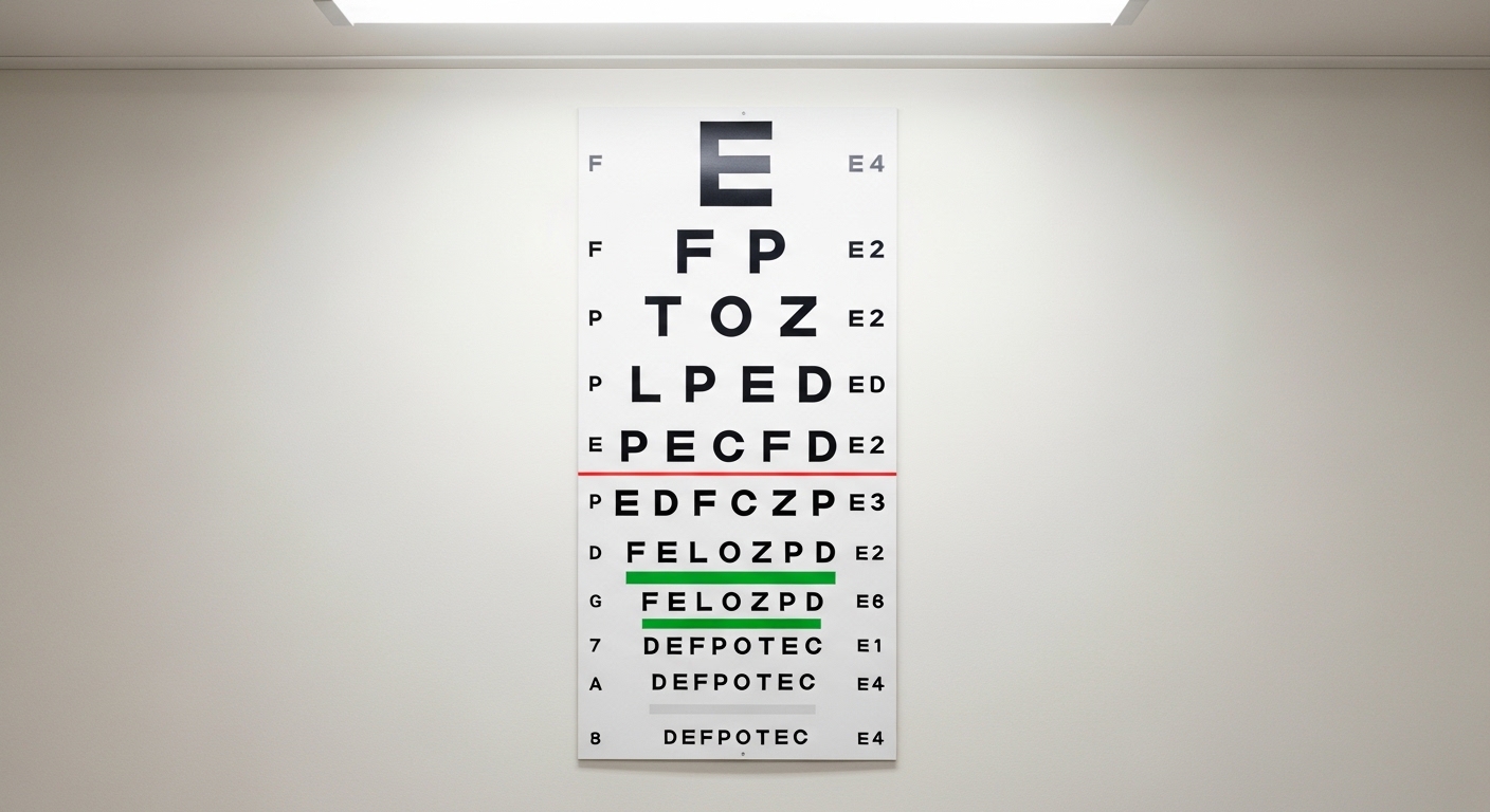 시력검사 결과가 이전과 다르게 나와 시력 저하를 걱정하며 검안사와 상담 중인 환자의 모습