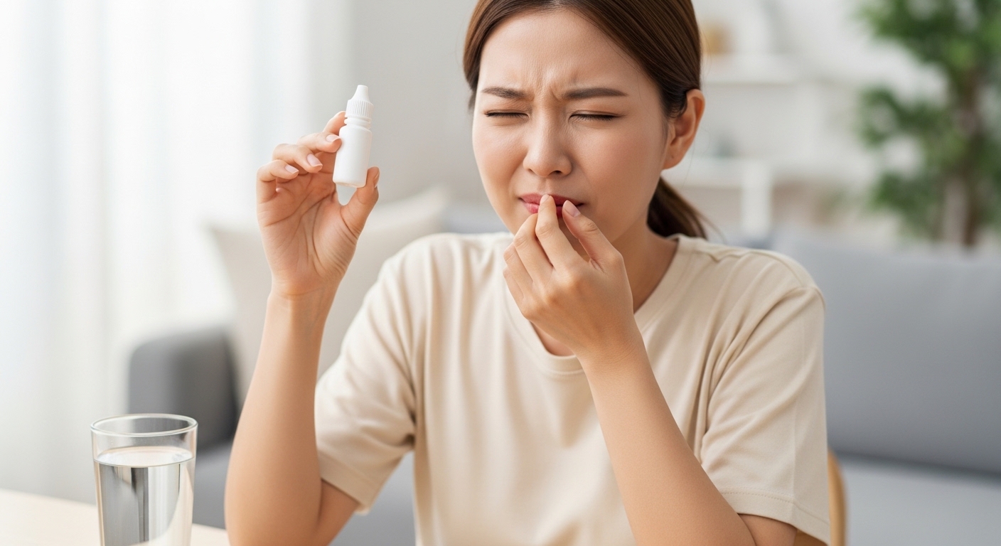 안약을 넣고 입안에서 느껴지는 쓴맛에 놀란 라섹 수술 환자의 모습