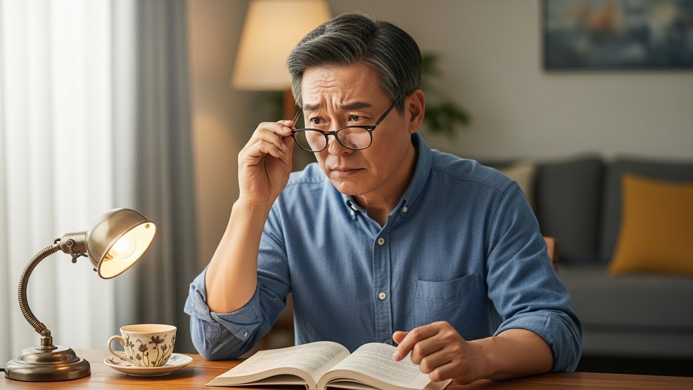 50대 중장년층 노안 환자가 스마트폰 화면을 멀리 떼어 두며 불편한 표정으로 초점을 맞추려고 노력하는 장면