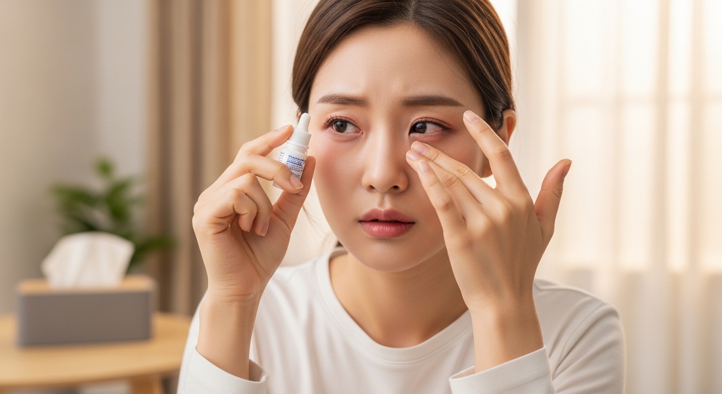 눈의 피로와 건조함을 느껴 인공눈물을 넣으려는 직장인의 모습