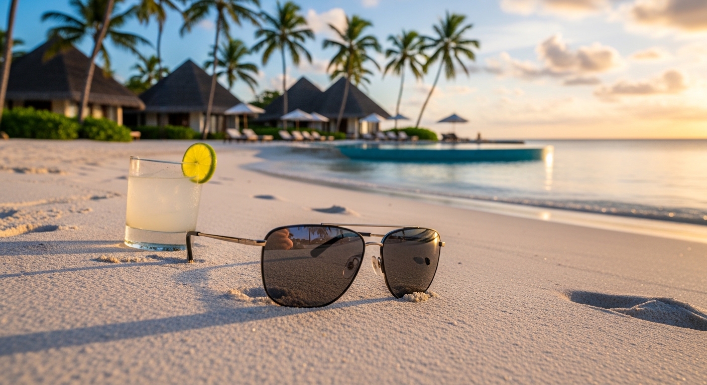 해외 휴양지에서 UV 차단 선글라스를 착용해 강한 자외선으로부터 눈을 보호하며 라식 후 안전하게 여행을 즐기는 모습