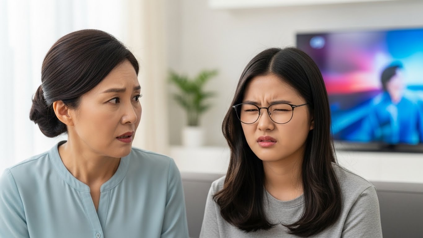 자녀의 시력교정술 부작용을 걱정하며 상담을 기다리는 보호자의 모습