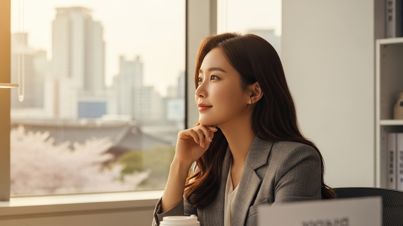 눈의 피로를 낮춰주는 20-20-20 법칙을 실천하며 창밖을 바라보는 모습