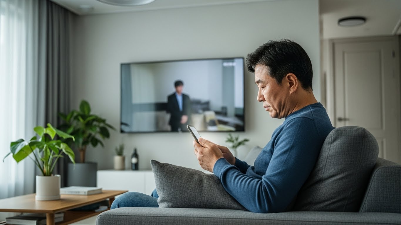 휴대폰을 보는 중년 환자