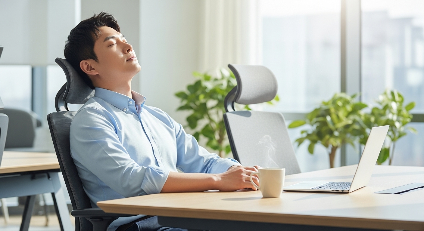 눈 건강을 위해 모니터 높이를 눈높이보다 살짝 낮추고 적절한 조명 아래서 업무를 보는 올바른 자세